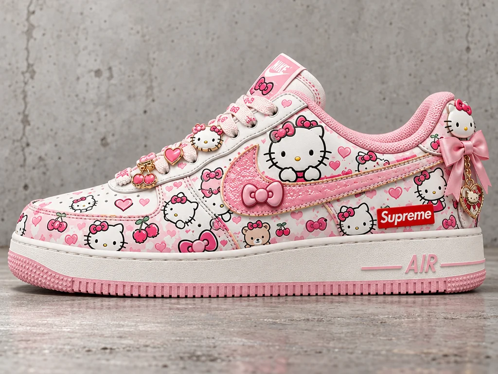 Hello Kitty all-over print in pink on a white AF1 with a bow and charm on the heel