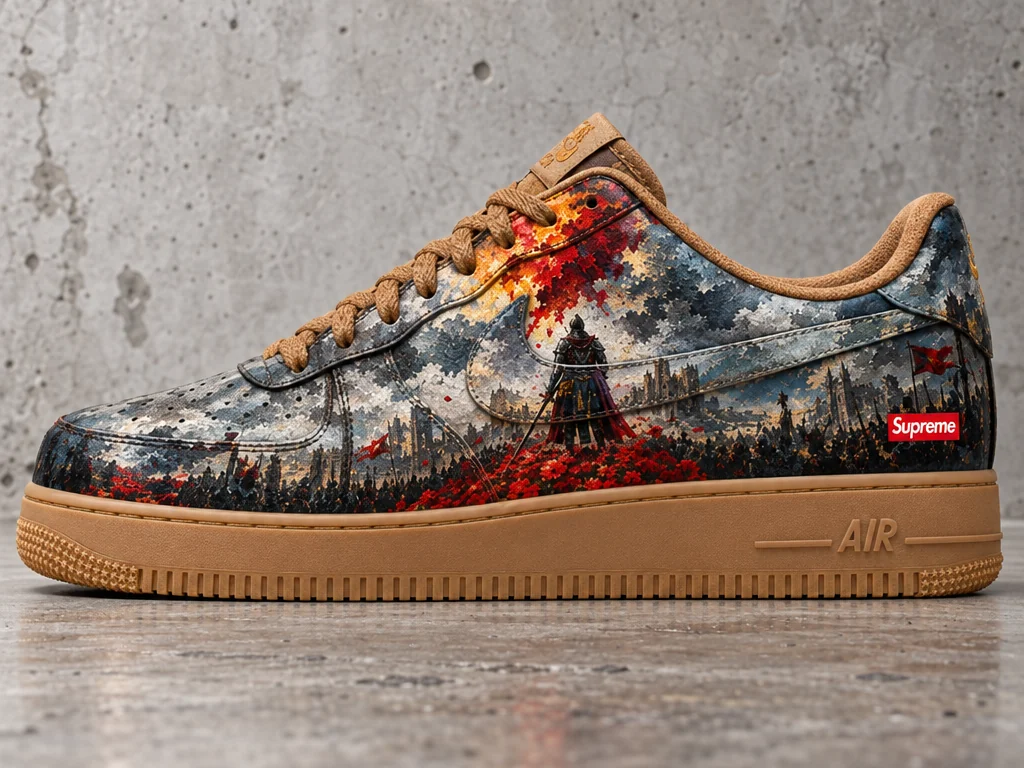 Oil-painted knight in a field of red flowers on a gum-sole AF1