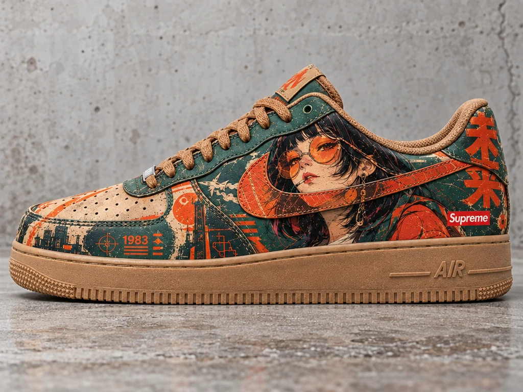 Retro anime portrait in green and orange on a gum-sole AF1