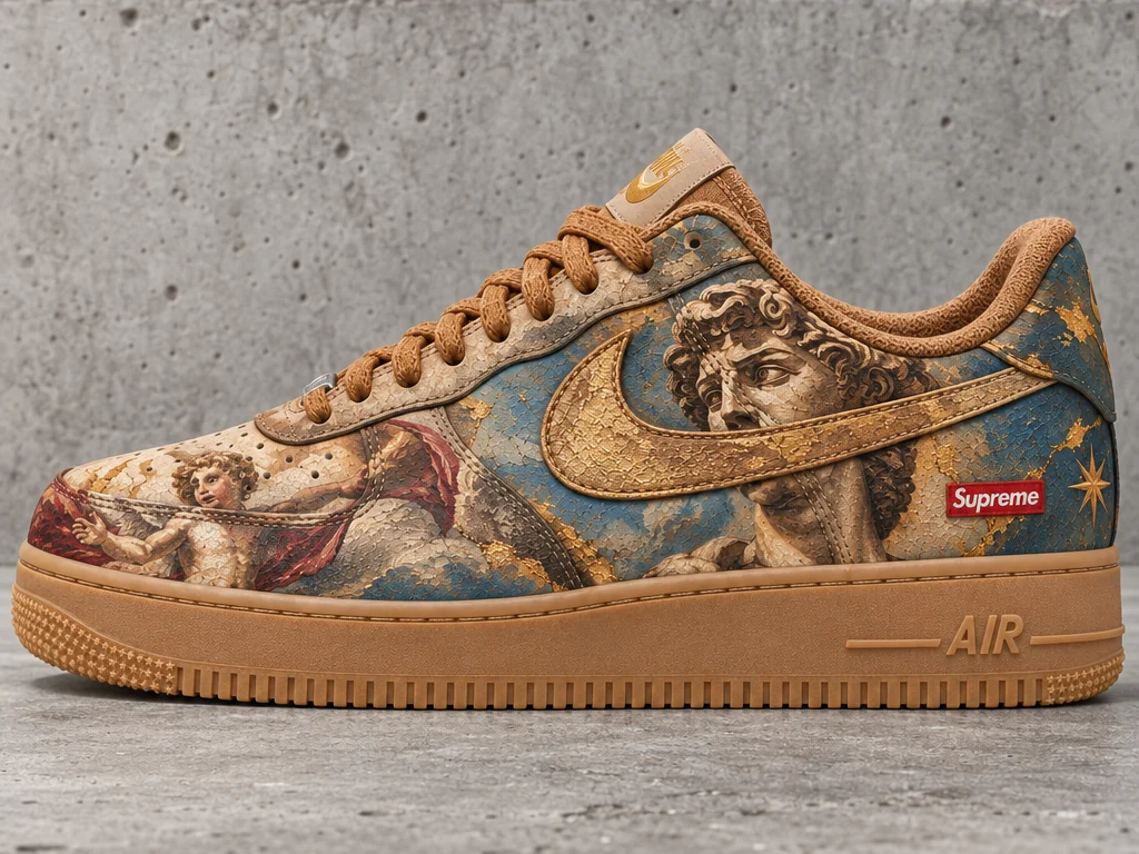 Michelangelo's David and cherubs with a gold swoosh on a wheat base